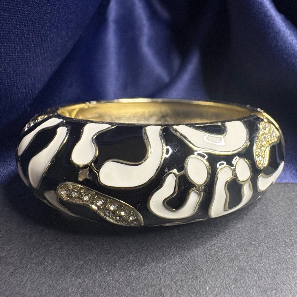 Black and White, Gold tone Bangle Bracelet with Rhinestone Accents